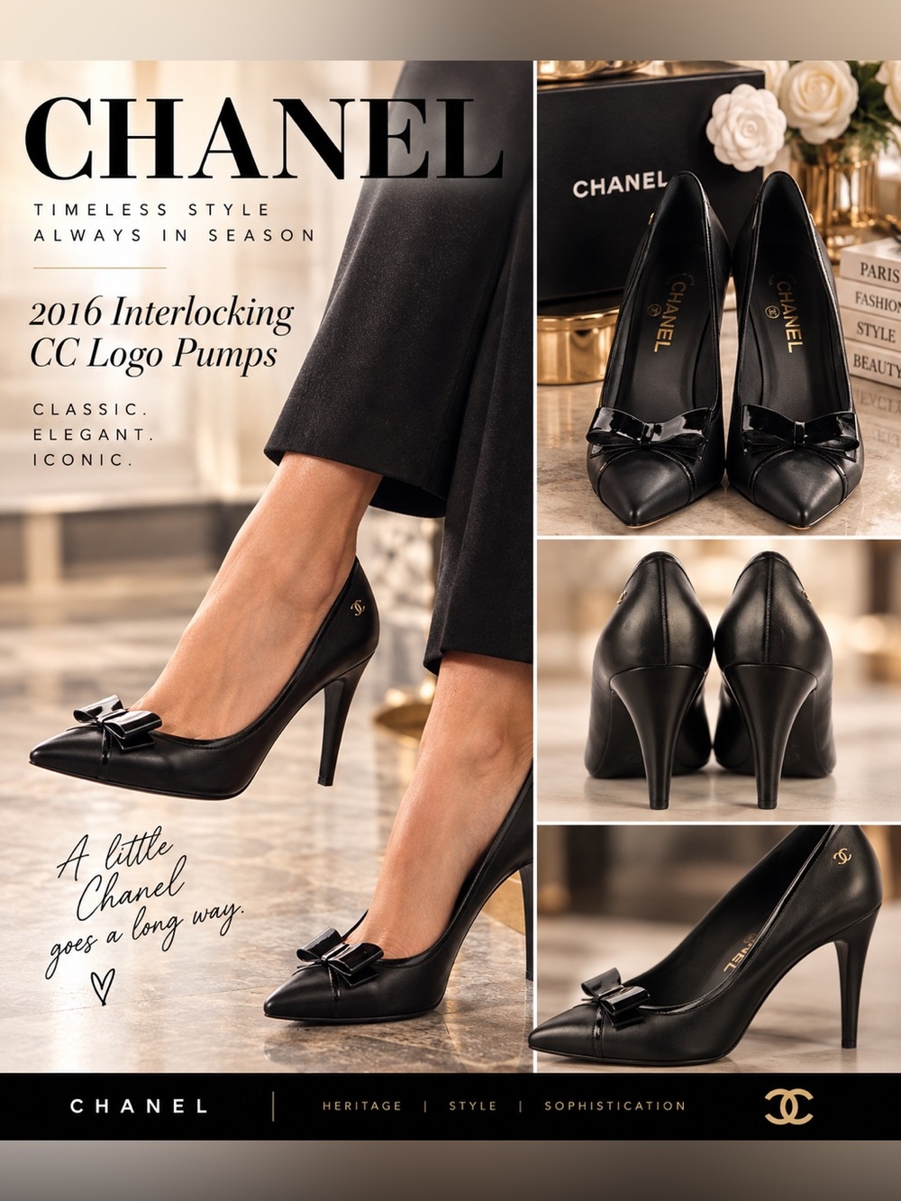 CHANEL Black Leather Pointed-Toe Pumps with Bow and CC Accent